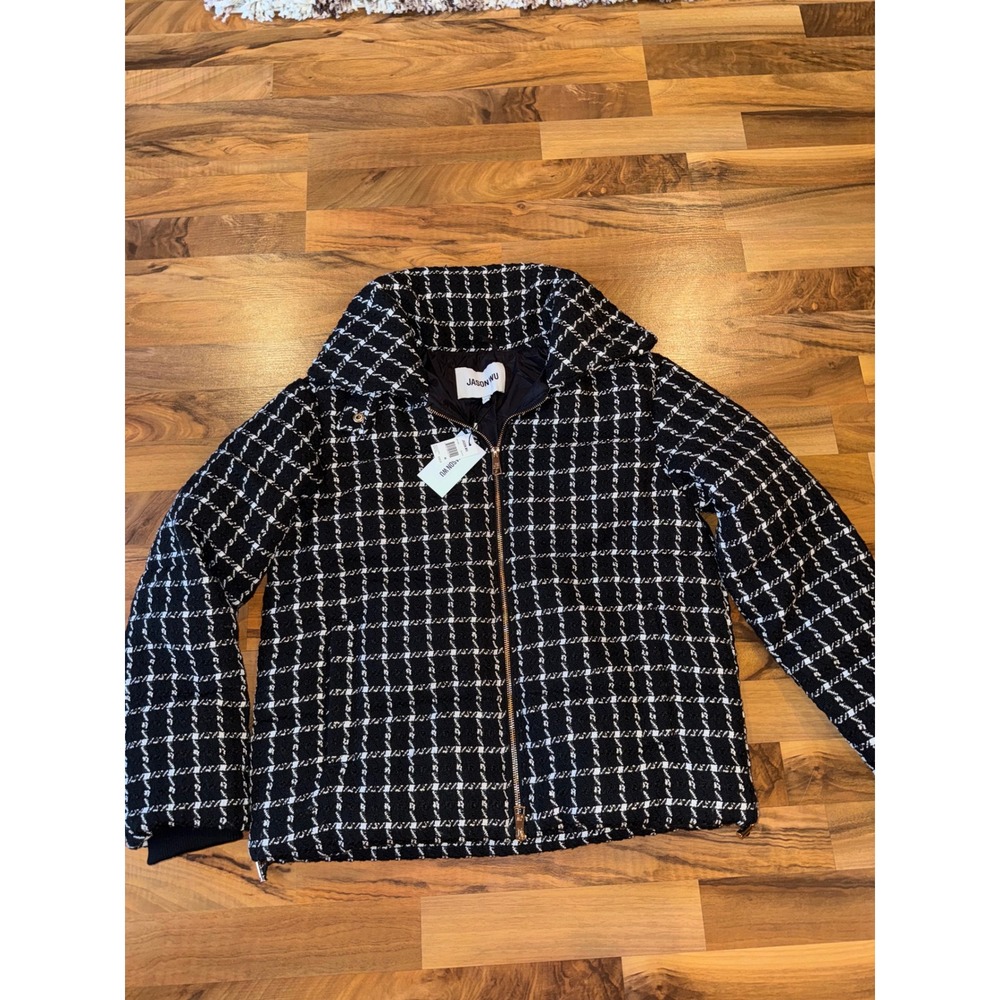 Jason Wu Tweed Puffer Jacket Women M Black New Grid Zip‎ Up warm winter fall NEW